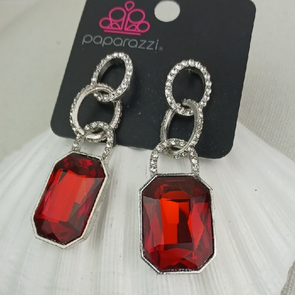Paparazzi Glamorous Blingy Faceted Ruby Red Silver Chain Rhinestone Earrings